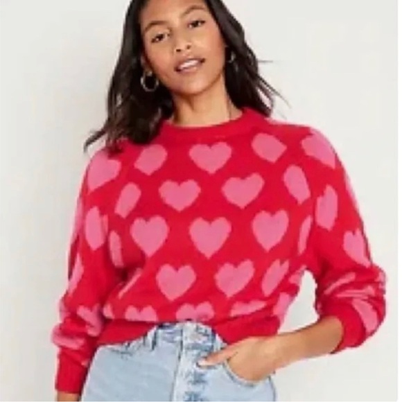 Old Navy Sweaters - Old Navy Red Pink Heart Sweater Crewneck Cropped Valentine Pullover Women S NEW
